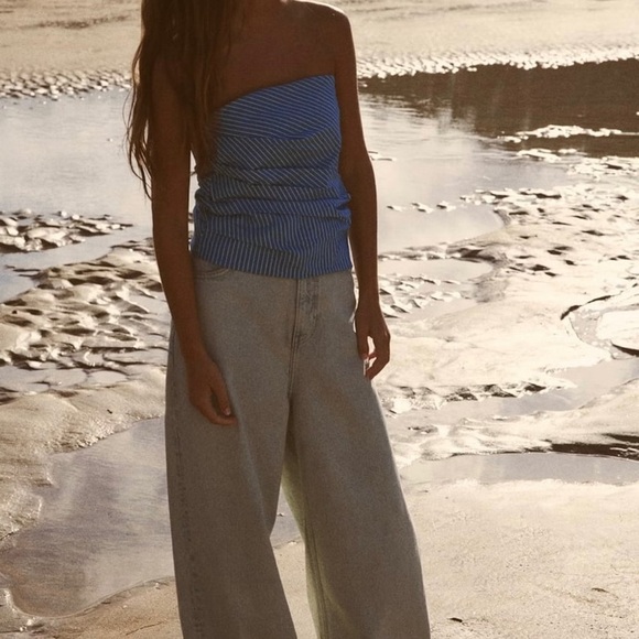 ZARA Blue and White Striped tube top - strapless size small. - Picture 5 of 9